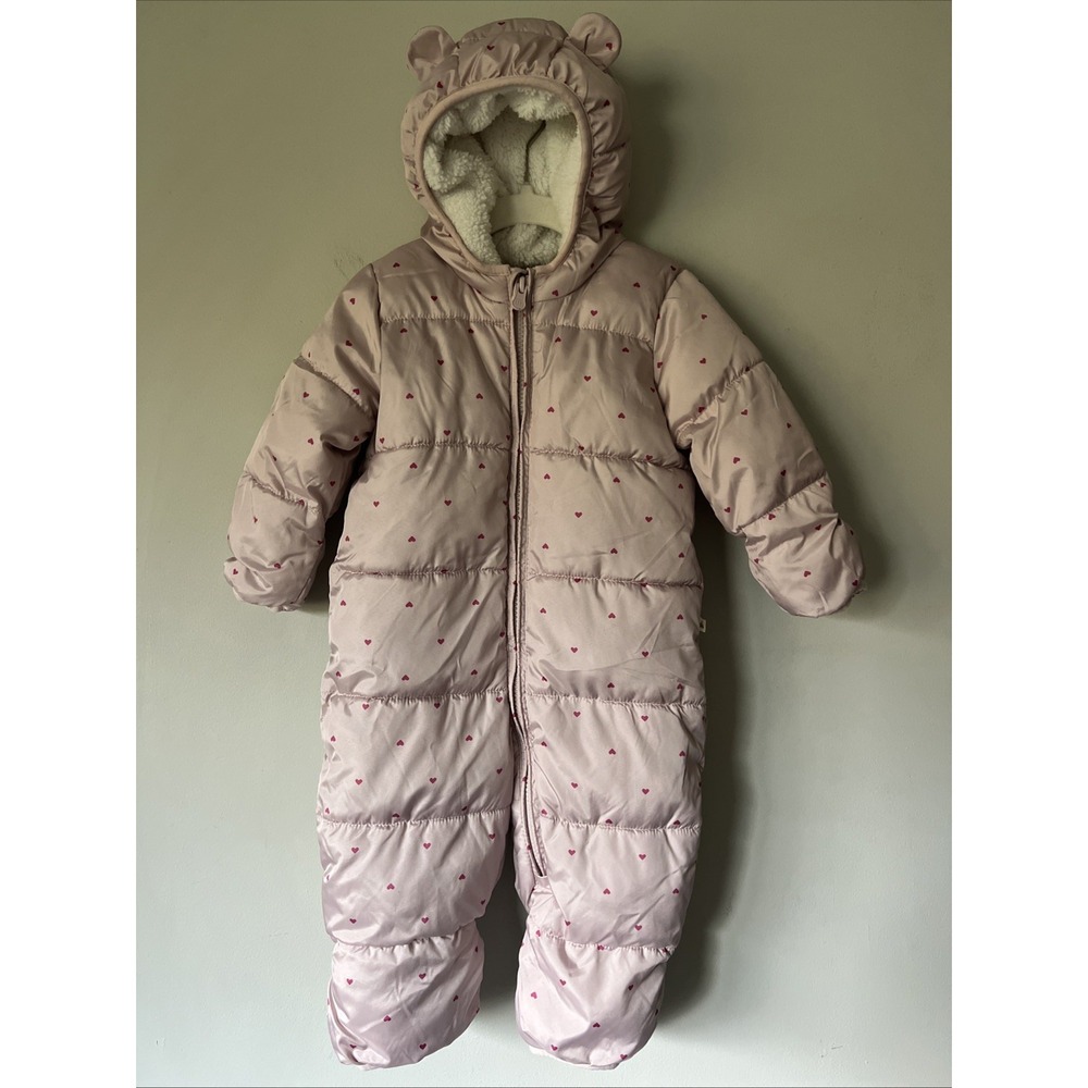 Baby Gap Snowsuit 6-12M Pink Hearts Cold Control fleece warm cozy